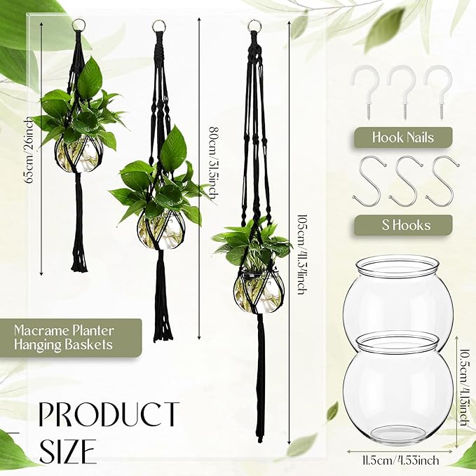 6 Pcs Plastic Plant Propagation with Boho Macrame Hanger Wall Plant Propagation Station Hanging Holder Include Hooks Kit for Indoor Home Garden Office Decor 3 Size (Black)