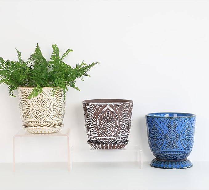 Gepege Beaded Ceramic 6 Inch Planter Set of 2 with Drainage Hole and Saucer for Plants, Indoor-Outdoor Large Round Succulent Orchid Flower Pot (Blue, Inner-pots not Larger Than 5 Inch)
