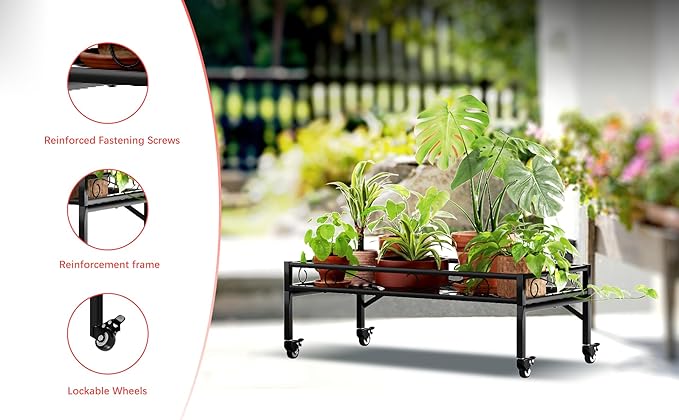 Zhongma Sturdy Metal Plant Stand with Wheels, 32.7x16x11.6 Inch High, Heavy Duty Succulent Shelf for Home Indoor and Outdoor, 220 LBS Capacity & Heavy Duty Construction