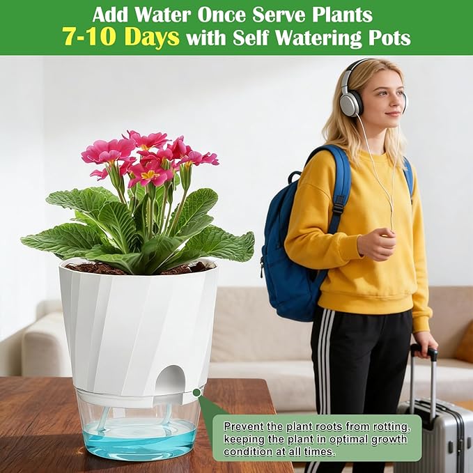 KIMCHOMERSE Self Watering Plant Pots, 6 Inch Plant Pots White, 3 Pack Flowers Pot Indoor Planter Pots with Tray for Spider Plant, Orchid, African Violet