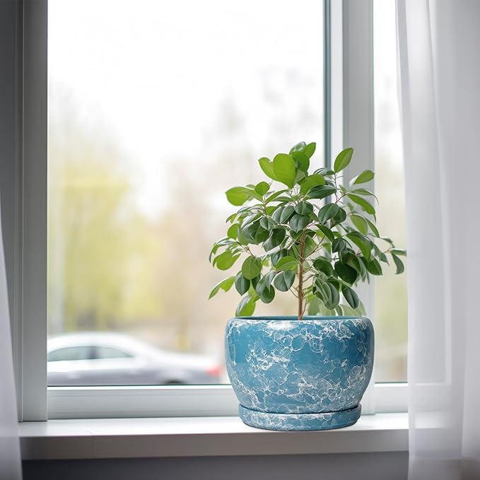 SQOWL Ceramic Pots for Plants - 8 Inch Ceramic Planter for Indoor Outdoor, Decorative Flower Pot with Drainage Hole and Saucer, Round Planter, Home Living Room Bathroom Decor, Plant Lover Gifts, Blue