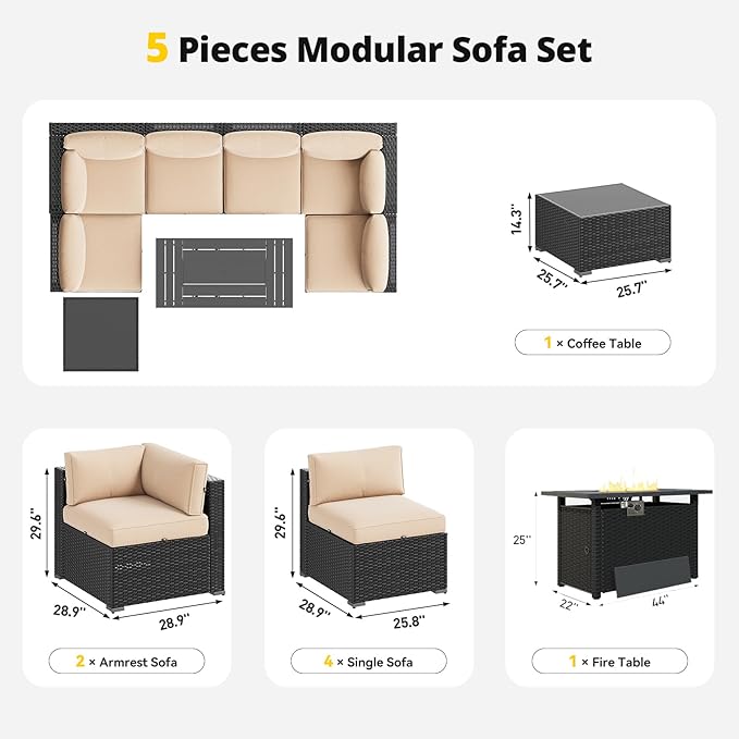 Aoxun Patio Furniture Set with Fire Pit Table, 8 Piece Outdoor Sectional Sofas, Wicker Rattan Outdoor Furniture with Thickened Cushion for Backyard, Garden Begin
