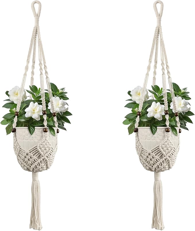 USLAI Macrame Plant Hanger Indoor Outdoor, Fits 3 to 6.5 inch Pots, Hanging Planter Holder with Beads and Tassels, Boho Home Decor, 35+35 Inch, Ivory (POTS NOT Included)