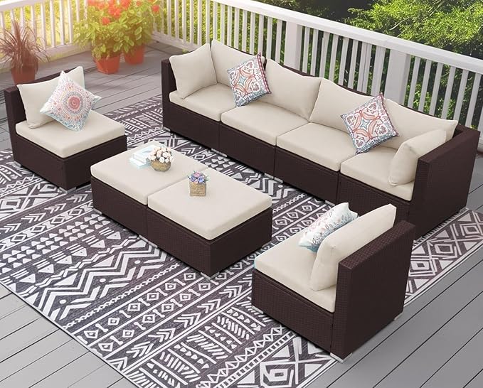 NICESOUL 8 Seat 29.3'' High Back Outdoor Furniture Set, Extra Large Rattan Patio Conversation Sets, Deep Seating Modular Sectional with Ottoman, Oversized Conversations for Backyard, Brown and Beige