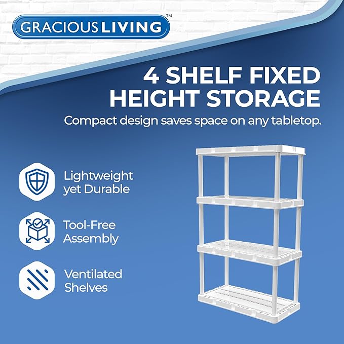 Gracious Living 4 Shelf Knect-A-Shelf Ventilated Light Duty Storage Home Organizer with Adjustable Shelves for Garage, Basement, and Laundry, White