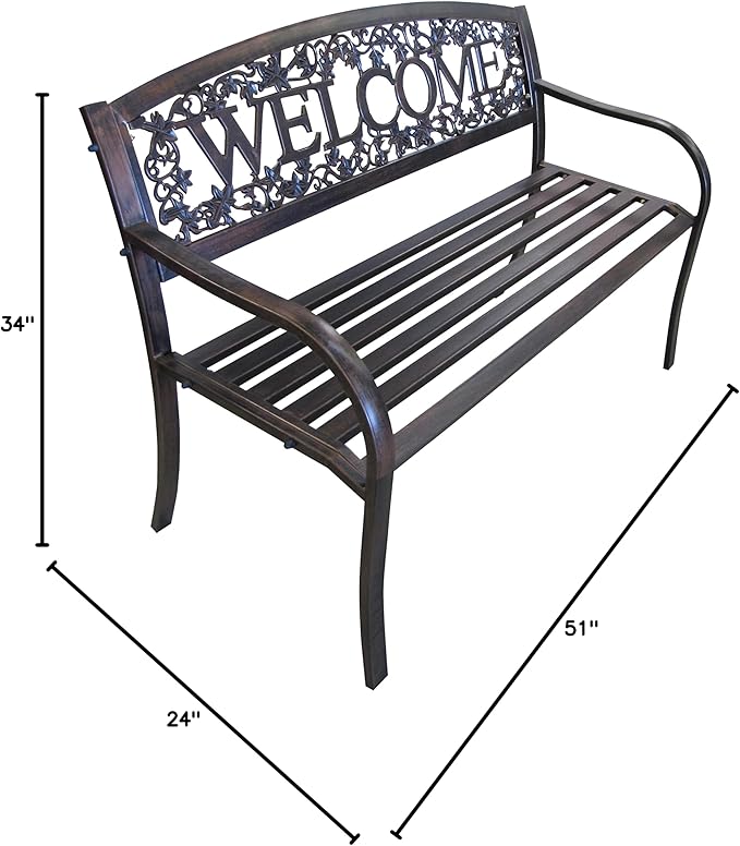 Leigh Country Metal Outdoor Bench, Welcome Design, Decorative Patio Seating for Porch/Deck