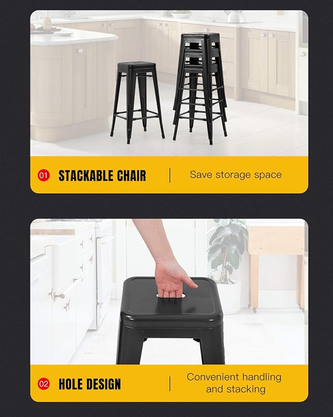 FDW Metal Bar Stools Set of 4 Counter Height Bar Stools 24 Inches Industrial Bar Chairs Patio Stool Stackable Backless Stool Indoor Outdoor Metal Kitchen Stools Bar Chairs (Black, 30")
