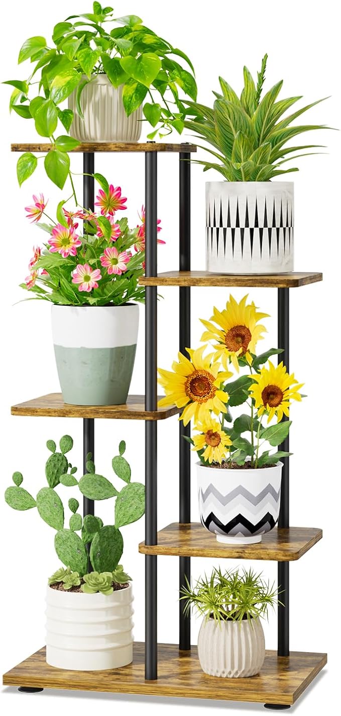 iDavosic.ly 4 Tier Plant Stand Indoor, Tiered Corner Metal Wood Multiple Flower Holder Shelf, 34 Inch Tall Orchid Display Rack for Patio Porch Living Room Balcony Outdoor, Modern Black & Rustic Brown