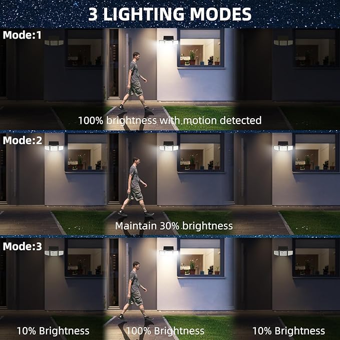 2500LM Solar Lights Outdoor with Motion Sensor,3 Head 270° Wide Angle Street Area Lights,IP65 Waterproof Security Lighting with 3 Modes(Remote,4 Pcs)