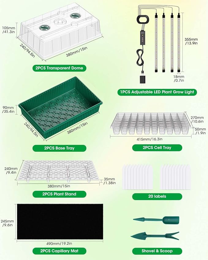 2PCS 120 Cell Self-Watering Seed Starter Tray Kit with Grow Light Humidity Dome,120-Cell Large Plant Seedling Tray, 3 Color Growing Light, Seed Starting Trays for Plant Germination（2PCS, 120 Cell）
