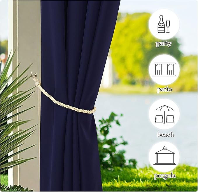 NICETOWN Outdoor Curtains for Patio Waterproof Extra Long W55 x L108 Inch, Thermal Insulated Stainless Steel Grommet Privacy Vertical Drapes for Porch/Yard, Set of 2, Navy Blue