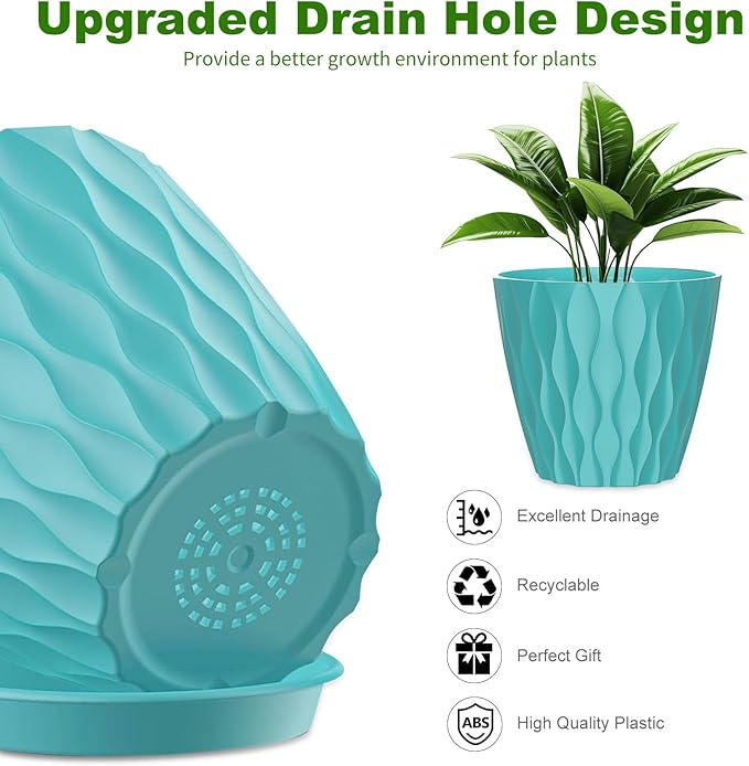 6 Pack 7 Inch Indoor Plant Pots with Drainage Holes, Outdoor Plastic Decorative Flower Pots, Garden Planters with Tray Saucers for Orchids, Violets, Succulents, Herbs, and Other Plants