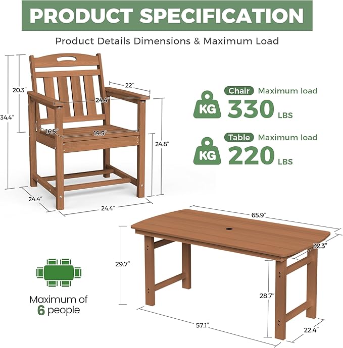 HDPE Outdoor Dining Set, Patio Table and Chairs Set, All-Weather 7-Piece Outside Table and 6 Chairs, 2" Umbrella Hole, Outdoor Furniture for Garden, Poolside, Backyard, Deck | Teak
