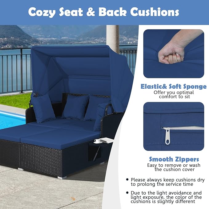 Tangkula Patio Rattan Daybed with Retractable Canopy, Outdoor Wicker Sunbed Lounger with 2 Foldable Side Tables, Thick Seat & Back Cushions, Outside Double Daybed for Garden, Backyard, Porch, Navy