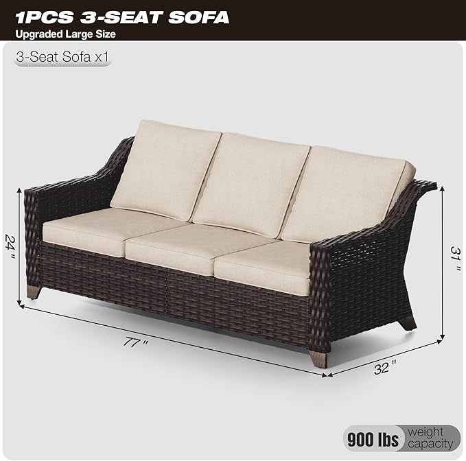 Joyside Patio Sofa - 3 Seater Rattan Sofa, All Weather High Back Sofa, Upgraded Large Size with 4inch Seat Cushions for Backyard, Garden, Poolside (Brown/Beige)