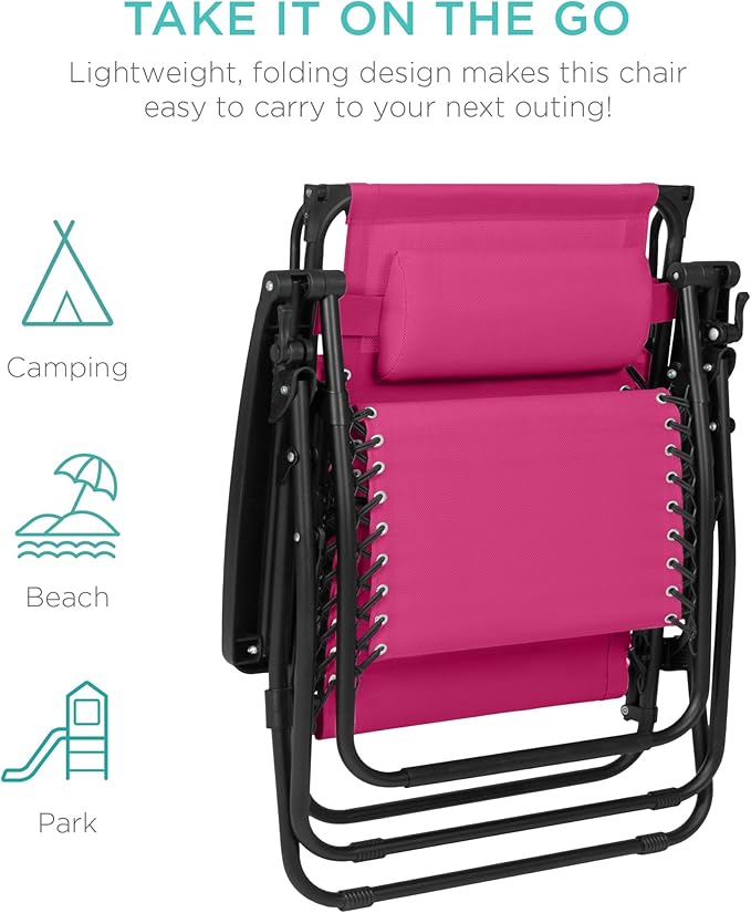 Best Choice Products 30” Wide Folding Zero Gravity Outdoor Recliner Patio Lounge Chair w/Adjustable Canopy Shade, Headrest, Side Accessory Tray - Hot Pink/Black