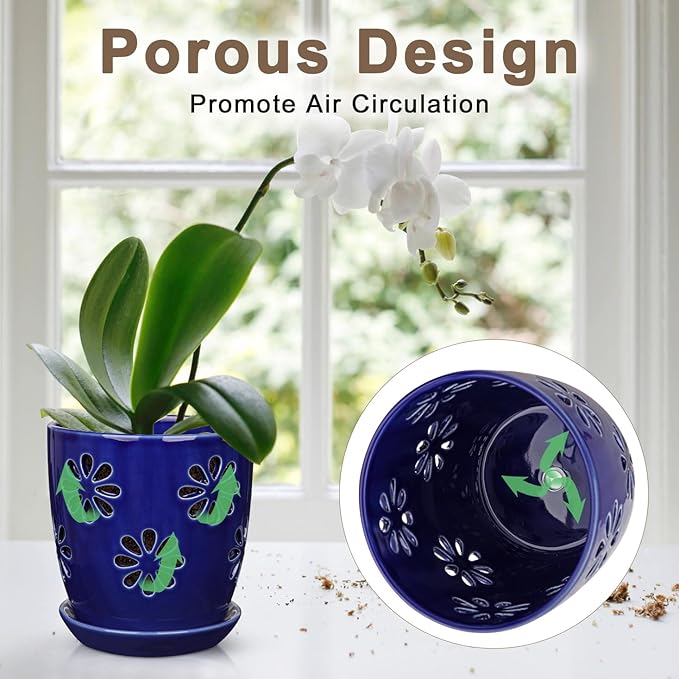 Oairse 6 inch Orchid Pots with Holes, Royal Blue Ceramic Orchid Pot for Repotting Small Indoor Plant Pots with Drainage Holes and Saucers Decorative Flower Planter for Orchids, Indoor Plant
