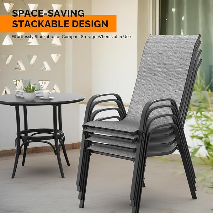 VINGLI Patio Chairs Set of 4 – Stackable Outdoor Dining Chairs with Comfortable Sling High Back Chairs and Armrests for Lawn, Poolside, Courtyard, Balcony, Garden, Silver Gray