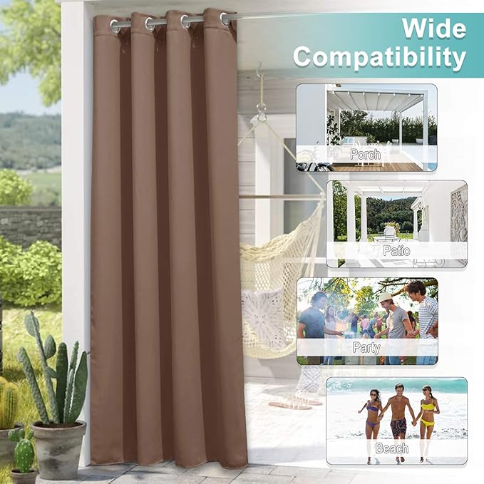 NICETOWN Outdoor Privacy Curtain for Patio Waterproof, Grommet Top Thermal Insulated Blackout Extra Wide and Long Door Blind for Sunroom/Pavilion/Gazebo, Tan, 1 Piece, 120" Wide by 95" Long