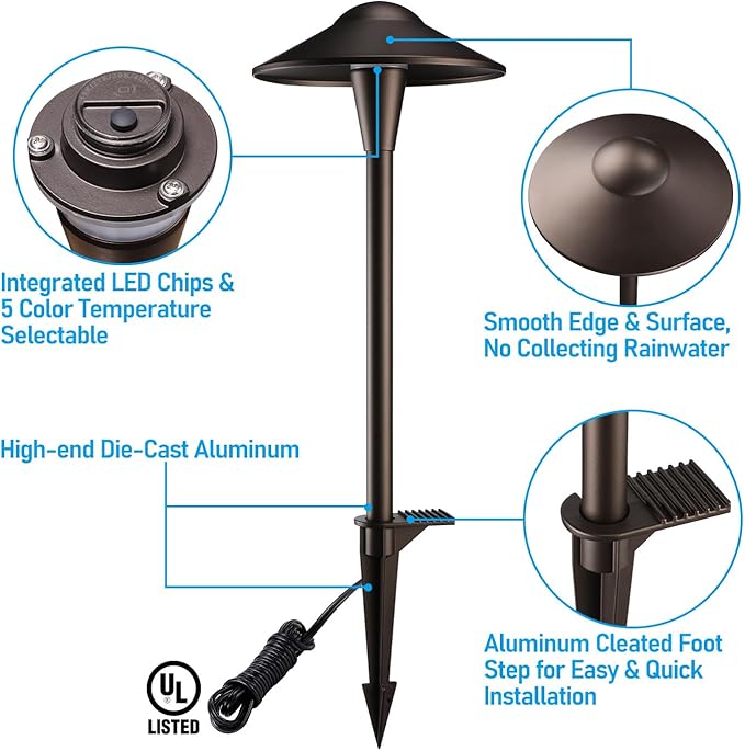 LEONLITE Update 5CCT Low Voltage Pathway Lights, LED Landscape Path Lights, 1800/2700/3000/4000/5000K, Saucer Head, 12-24V AC/DC, IP65 Outdoor Walkway Light, Oil Rubbed Bronze Aluminum, Pack of 6