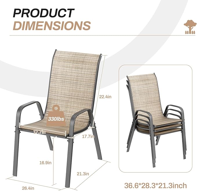 TLSUNNY Patio Chairs, Stackable Textilene Outdoor Dining Furniture for All Weather, with 17.7″ Wide Seat & Metal Frame, for Garden, Backyard, Deck, Restaurant, Poolside (6, Brown, 26.4″)