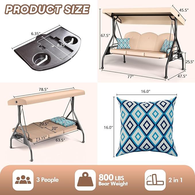 3 Seat Outdoor Porch Patio Swing with Stand 800lbs 2-in-1 Convertible Swing Bed with Adjustable Canopy & Removable Cushion for Yard Garden Deck (Khaki, Round Tube)