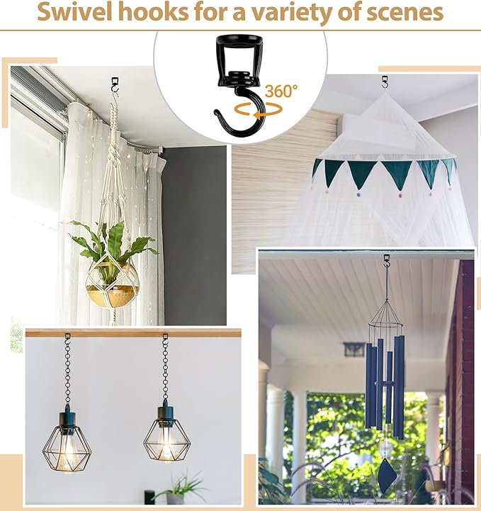 Mkono Ceiling Hooks for Hanging Plants, Heavy Duty Metal Plant Hanger for Drop Ceiling, Swag Hook for Hanging Planters, Lights, Birdfeeders, Indoor Outdoor Decorative Screw-in Hooks (Black 2 Pack)