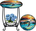Outdoor Side Table Round Small Mosaic Patio Accent Indoor End Plant Coffee Tea Table for Yard Patio Porch Garden Living Room, Bedroom(Turtle Style,18 Inch)