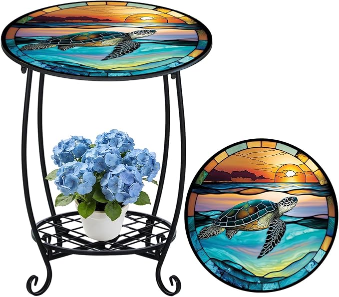 Outdoor Side Table Round Small Mosaic Patio Accent Indoor End Plant Coffee Tea Table for Yard Patio Porch Garden Living Room, Bedroom(Turtle Style,18 Inch)