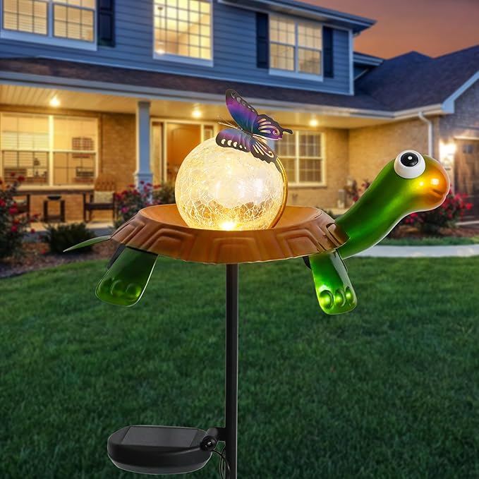 Afirst Solar Lights Outdoor Decorative Metal Turtle Crackle Glass Globe with Butterfly Warm White LED Metal Waterproof Garden Stake Lights for Walkway Pathway Lawn Patio Yard Decorations