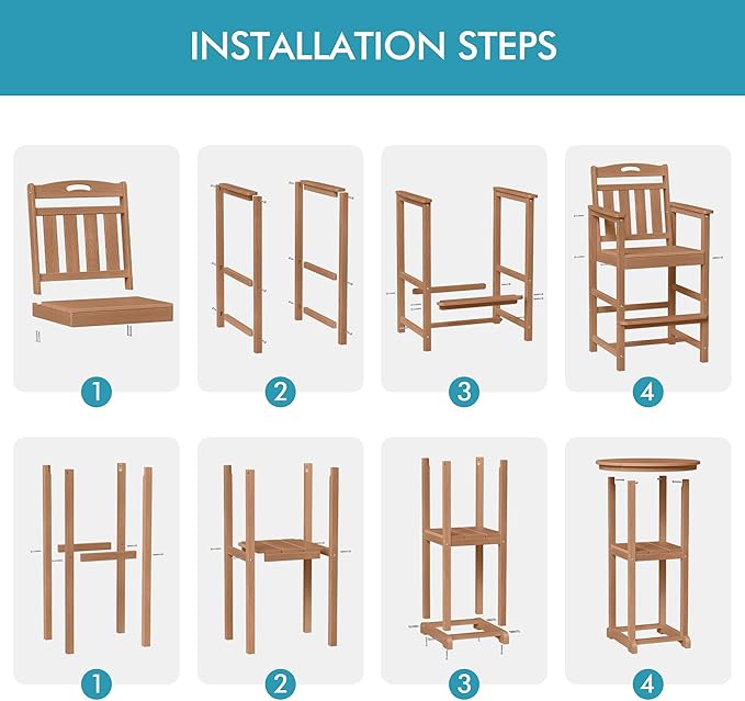 Ciokea 3-Pcs Bistro Table and Chairs, All-Weather Round High Top Bar Table with Storage Shelf and 2 Oversized Adirondack Chairs, Heavy Duty Outdoor Bar Set Patio Bistro Set for Balcony Deck, Teak
