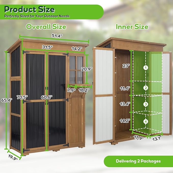PetsCosset Large Outdoor Storage Cabinet Waterproof with Shelves, Outside Storage Shed Tall Backyard Cabinet with Fold-Out Table for Patio, Garage, Garden, Pool Accessories Storage (70.5" H x 51" L)