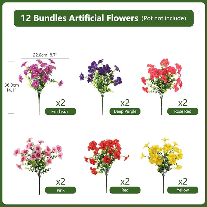 INQCMY Artificial Fake Petunias Flowers for Outdoors Spring Decoration, 12 Bundles Faux Plants Outdoor UV Resistant Realistic Silk Flower for Outside Planters Patio Porch Yard Window Box