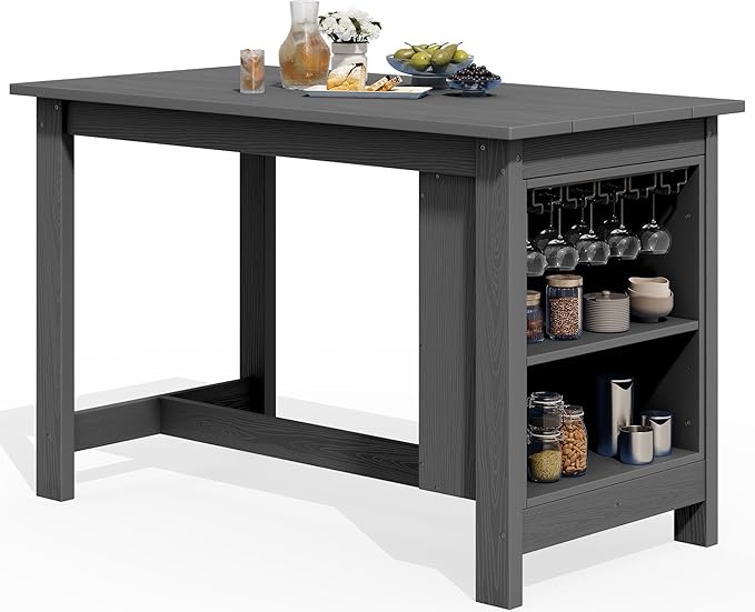 SERWALL Outdoor Bar Table, All Weather HDPE 36" Counter Height Dining Table with Storage and Wine Rack for Patio, Garden, Backyard, Balcony, Poolside, Gray
