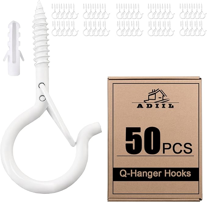 ADIIL 50 PCS Q Hanger Hooks with Safety Buckle, Windproof Screw Hooks for Hanging Outdoor String Lights, Plants, Christmas Patio Lights, 2.2 Inches, White