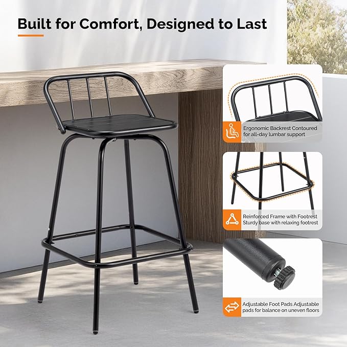 VINGLI 2 PCS Outdoor Swivel Bar Stools, 30 Inch Metal Barstools with Backrest & Footrest, 360° Rotating All-Weather Stools for Garden, Balcony, Kitchen Island (Black)
