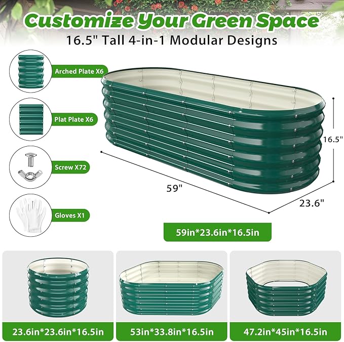 17" Tall Outdoor Garden Raised Garden Bed Kits,5ft X 2ft Oval,0.8MM Thick Metal Raised Planter Bed/Ground Planter Box for Variety of Flowers,Herbs,Vegetables (Dark Green, 60X24X16.5 Inches)