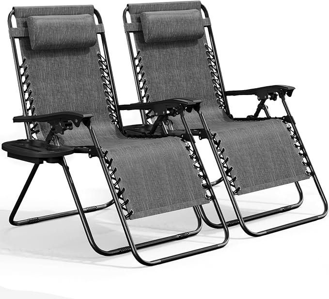 Nestl Zero Gravity Chairs Set of 2, Patio Lounge Chair Outdoor with Pillows & Cup Holder Trays, Adjustable Steel Mesh Reclining Camping Chair, Folding Patio Lawn Chair for Deck, Beach, Yard - Grey