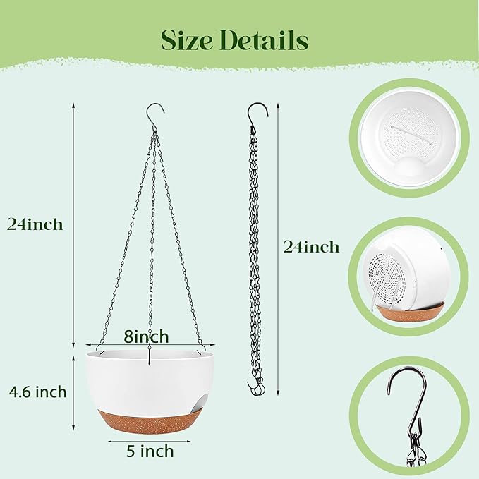 Set of 2-8 Inch Self Watering Hanging Planters for Indoor Outdoor，Hanging Plant Pots with Drainage & Removable Tray, Hanging Pots Holder for Ivy, Pothos, Ferns, Balcony & Patio, White Brown