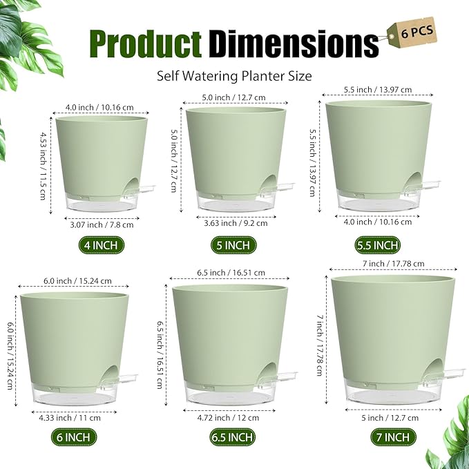 Plant Pots 4/5/5.5/6/6.5/7 Inch Self Watering Pots, 6 Pack Plastic Planters with Drainage Holes and Clear Saucers,Plastic Flower Pots,Nursery Planting Pot for Indoor Out Door Plants (Green)