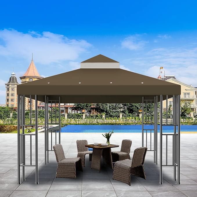 Sumfaller 10x10 FT Gazebo Replacement Canopy Top Cover Double Tiered Canopy Top Cover for Outdoor BBQ Roof Cover Grill Shelter (Dark Brown)