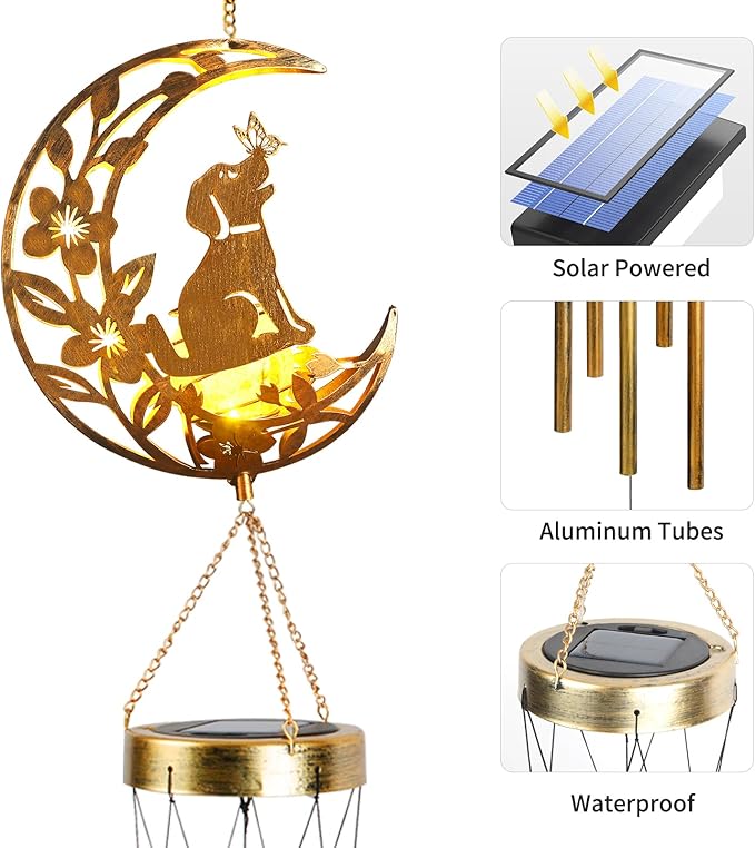 Moon Dog Wind Chime Outdoor, Handcrafted Metal Garden Wind Chimes with Dog & Moon Charms, Soothing Wind Bells for Patio Porch Decor, Weatherproof Gift for Lovers & Pet Owners