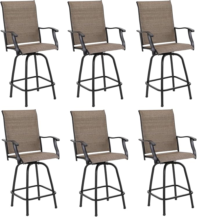 PHI VILLA Outoor Swivel Bar Stools Set of 6 with Armrest and Backrest, 30" Seat Height High Top Bar Height Patio Chairs, Brown Textilene Fabric
