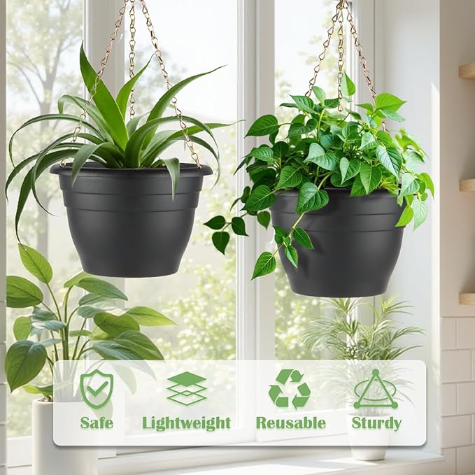 3 Pack 11 Inch Plant Pots,Plastic Flower Pots with Drainage Holes,Lightweight Durable Planters for Indoor Outdoor Plants,Modern Decorative Pots for Patio Garden(Black)