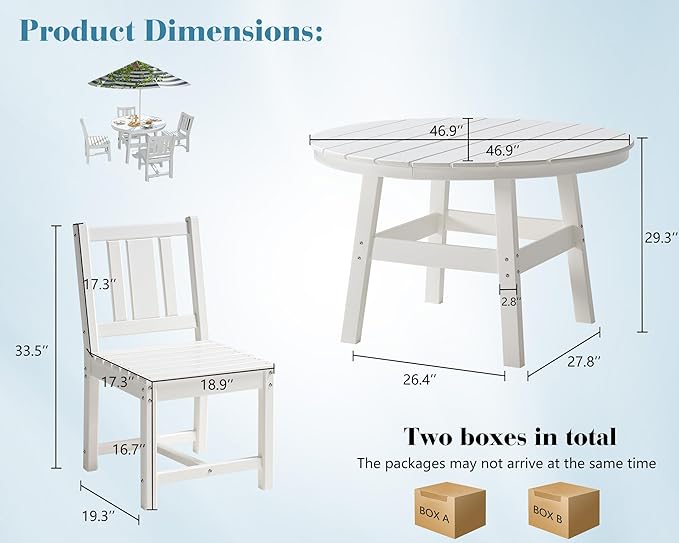 AMERLIFE 5 Piece HDPE Outdoor Dining Table & Chairs Set, All-Weather Patio Table and Chairs Set Furniture with Umbrella Hole for Garden, Backyard, Poolside, Seaside, White