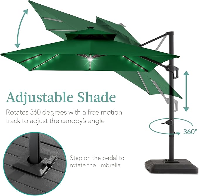 Best Choice Products 10x10ft Cantilever Patio Umbrella w/Base Included, Solar LED Lights 360 Rotation Large Offset Hanging Outdoor Shade for Deck Pool Backyard w/Stand – Green