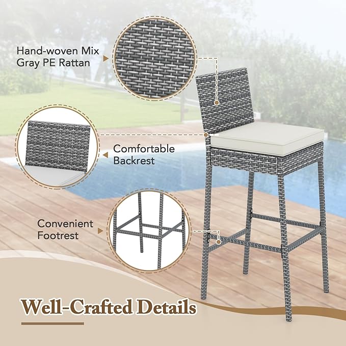 HAPPYGRILL Patio Wicker Barstools Set of 2, Outdoor Bar Height Chair w/Soft Seat Cushion & Cozy Footrest, Heavy-Duty Metal Frame, 400 lbs Max Load, Rattan Armless Bar Chairs