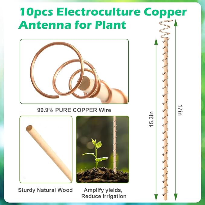 10pcs Electroculture Plant Stakes, 17'' Copper Coil Wire Antennas, Garden Stakes, Tensor Rings Kit, Copper Rods Electronic Planting for Growing Vegetable Garden Plants Support