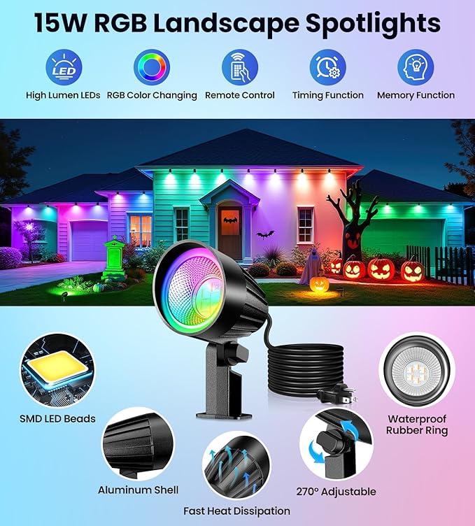 MEIKEE 15W RGB Landscape Spot Lights Outdoor, RGBW Color Changing Landscape Lighting with Remote Control, IP66 Pathway Lights for Christmas Halloween Party Festival Decoration (8 Pack)