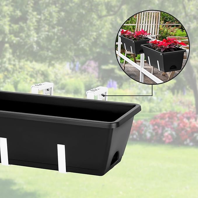 smusei Railing Planter Box 4 Pack Window Boxes Planters with Flower Box Brackets, 17’’ Rectangle Balcony Deck Railing Hanging Planters for Outdoor Fence Garden Patio Plants